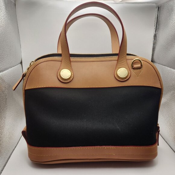 DOONEY & BOURKE SATCHEL HANDBAG BLACK TAN LEATHER/CANVAS NWT - Picture 1 of 4